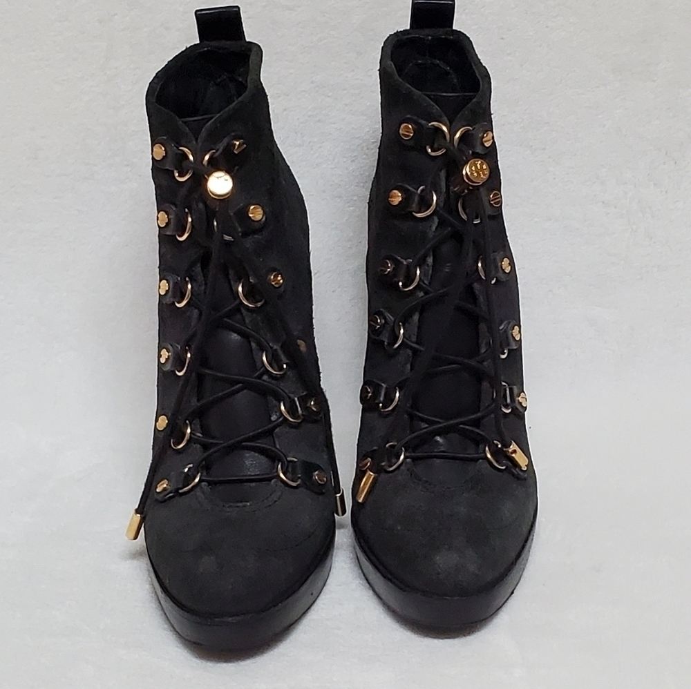 TORY Burch Halima Gray Camel Suede Gold Accent Lace-up Platform Ankle Booties 9M - Picture 4 of 15